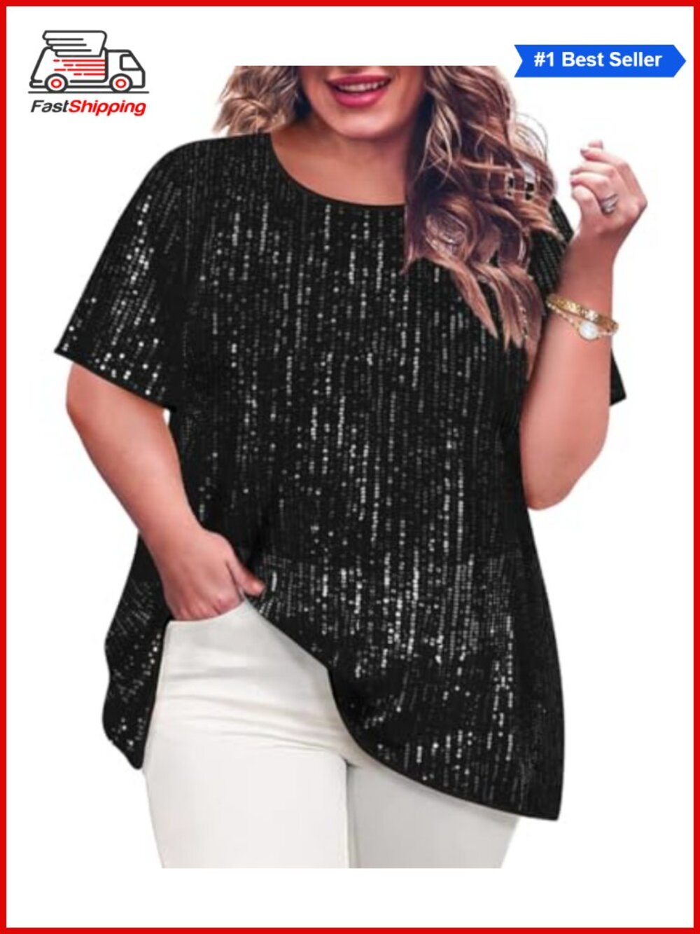 ✨ Plus Size Sequin Tunic Top Short Sleeve Crewneck Sparkly Party Blouse